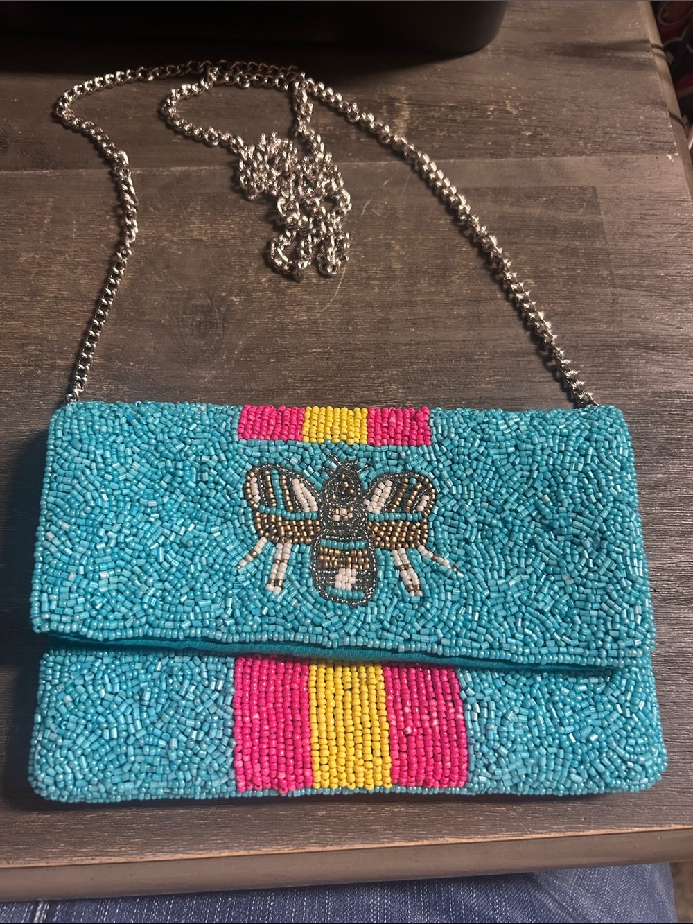 Shirdee Turquoise Beaded‎ Clutch with Pink & Yellow Stripe and Bee Motif
